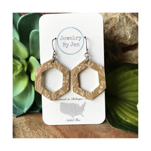 Mustard Floral Cutout Hexagon Earrings Handmade New